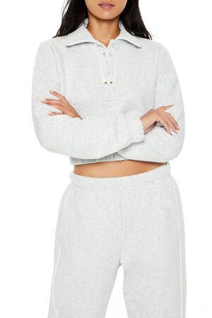 HEATHER GREY Cropped Fleece Rosette Pullover, image 1
