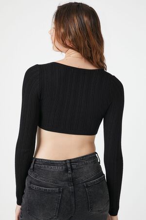 BLACK Sweater-Knit Keyhole Crop Top, image 3