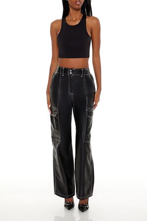 BLACK Faux Leather Cargo Pants, image 1