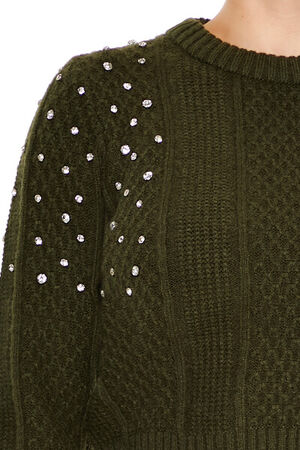 OLIVINE  Faux Gem Cable Knit Sweater, image 3