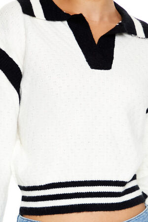 WHITE/BLACK Varsity-Striped Cropped Sweater, image 3