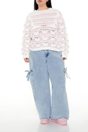 WHITE/MULTI Plus Size Open-Knit Two-Tone Sweater, image 2