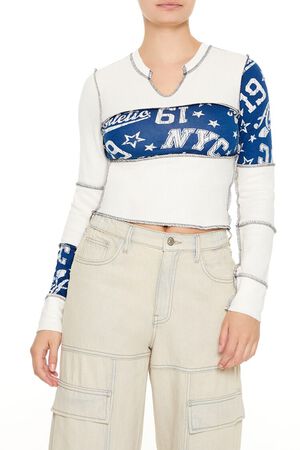 WHITE/MULTI Colorblock Split-Neck Crop Top, image 1