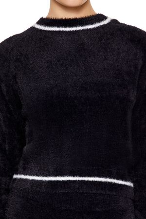 WHITE/BLACK Two-Tone Fuzzy Knit Sweater, image 3