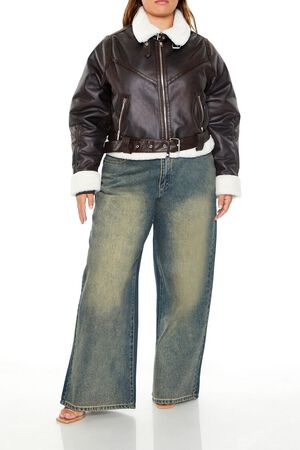 BROWN Plus Size Faux Leather Moto Jacket, image 2