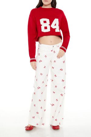 WHITE/RED Bow Embroidered Baggy Pants, image 1