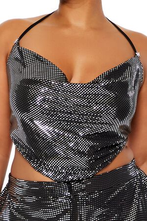 BLACK/SILVER Plus Size Shimmer Cropped V-Hem Halter Top, image 3