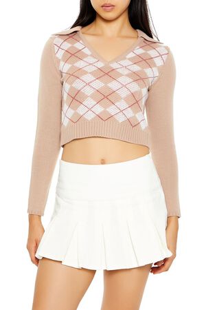CREAM/MULTI Argyle Cropped Sweater, image 1