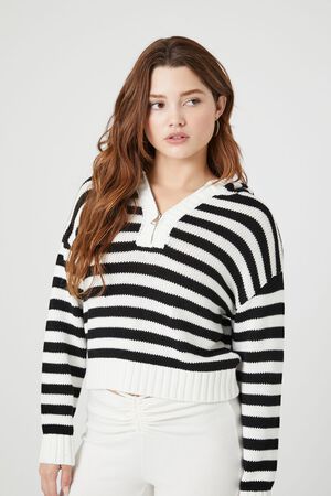 WHITE/MULTI Striped Hooded Half-Zip Sweater, image 1