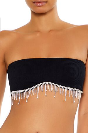 BLACK/SILVER Seamless Rhinestone Fringe Bralette, image 2