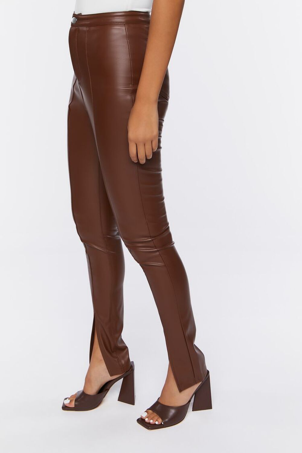 BROWN Faux Leather Split-Hem Pants, image 3