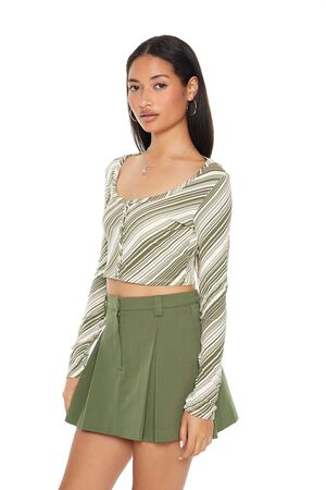 GREEN/MULTI Striped Button-Front Crop Top, image 2
