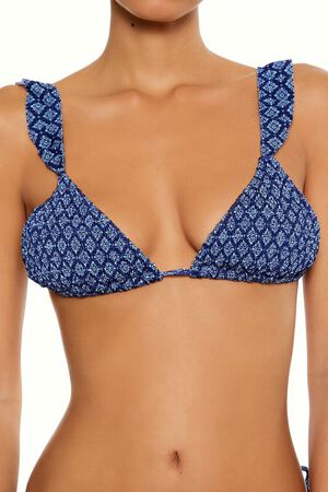 BLUE/WHITE Smocked Triangle Tile Bikini Top, image 2