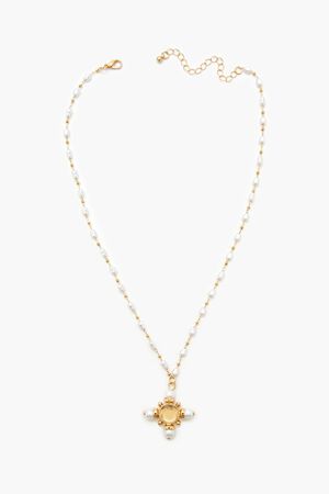 GOLD Beaded Faux Pearl Cross Necklace, image 1