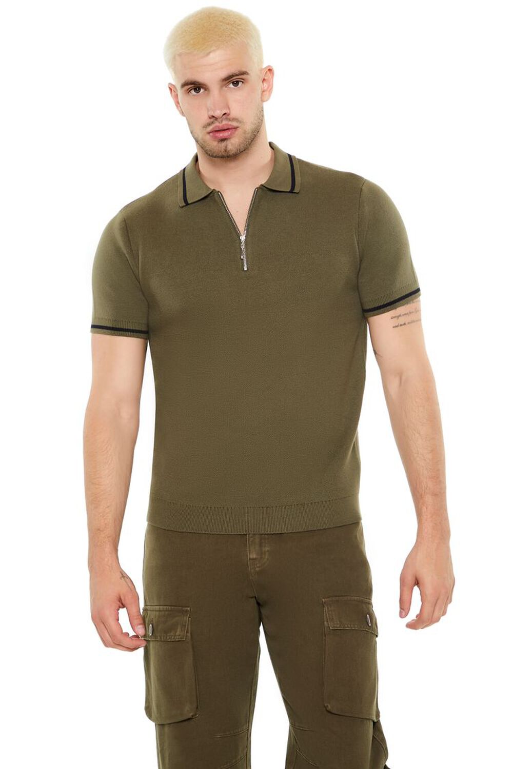 OLIVE/BLACK Sweater-Knit Zip-Up Shirt, image 1