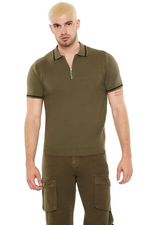 OLIVE/BLACK Sweater-Knit Zip-Up Shirt, image 1