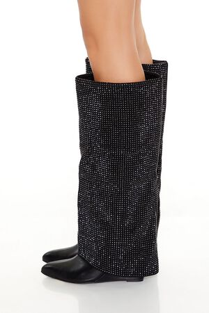 BLACK Rhinestone Knee-High Wedge Boots, image 2