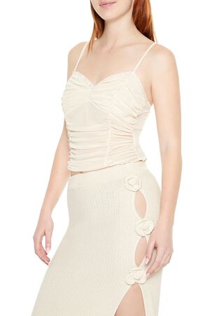 TAUPE Lace-Trim Ruched Mesh Cami, image 2