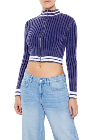 COLONY BLUE/WHITE Varsity-Striped Zip-Up Sweater, image 1