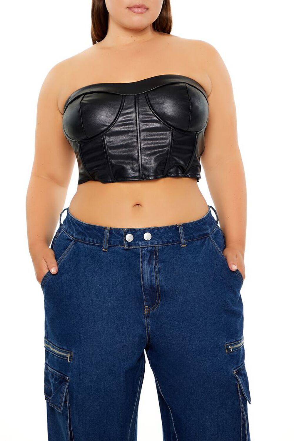 BLACK Plus Size Faux Leather Tube Top, image 1