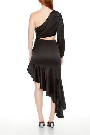 BLACK Asymmetrical One-Shoulder Midi Dress, image 3
