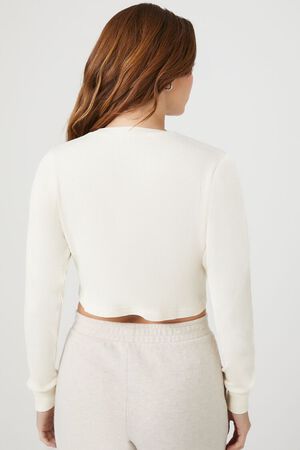 WHITE Cotton Ribbed Cropped Henley Top, image 3