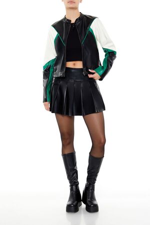 BLACK/BLUE Colorblock Cropped Moto Jacket, image 2