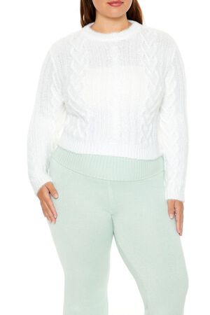 WHITE Plus Size Fuzzy Cable Knit Sweater, image 1
