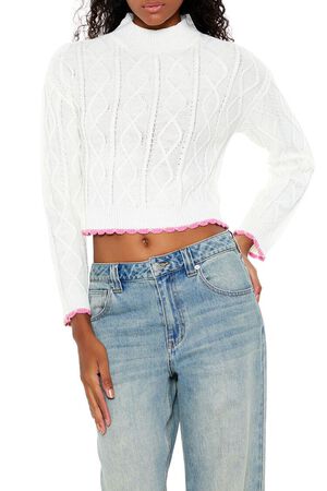 WHITE/PINK Scalloped Cable Knit Sweater, image 1