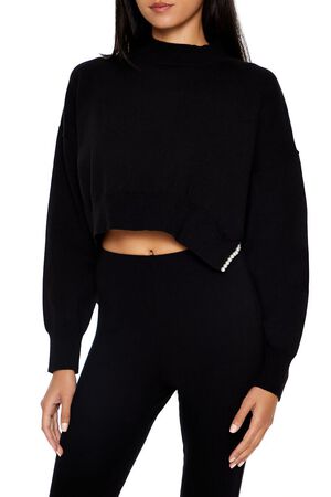 BURGUNDY Faux Pearl-Trim Cropped Sweater, image 1