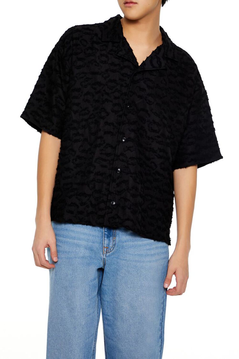 BLACK Frayed Jacquard Cuban Collar Shirt, image 1