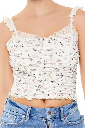 CREAM/MULTI Floral Ruched Cropped Cami, image 3