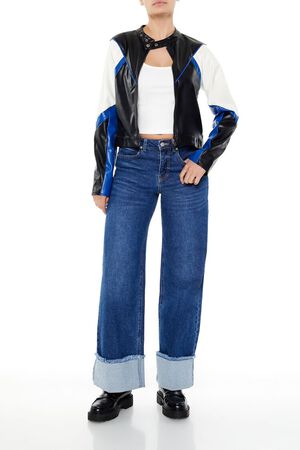 BLACK/BLUE Colorblock Cropped Moto Jacket, image 2