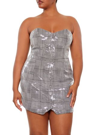 GREY/MULTI Plus Size Sequin Plaid Mini Tube Dress, image 2