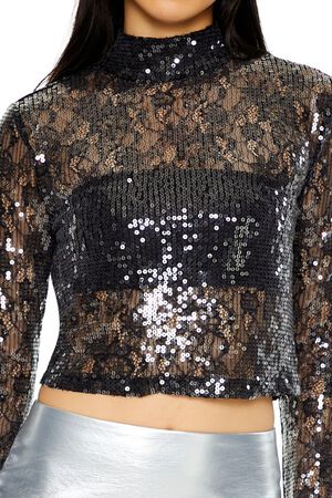 CREAM Sheer Lace Sequin Mock Neck Top, image 3