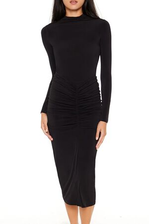 BLACK Ruched Bodycon Midi Dress, image 2