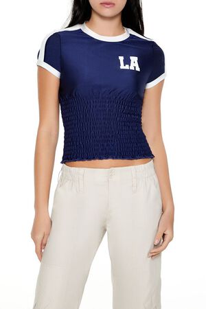 NAVY/WHITE Smocked Ringer LA Cropped Tee, image 1