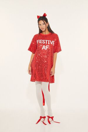 RED/WHITE Sequin Festive AF T-Shirt Dress, image 1