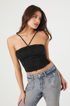 WHITE Ruched Mesh Cropped Cami, image 1