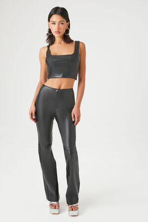 BLACK Faux Leather High-Rise Flare Pants, image 1