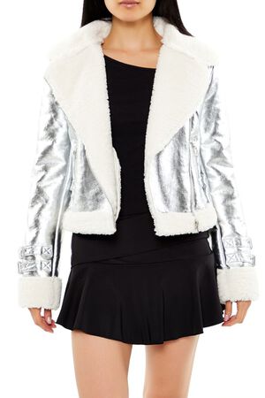 SILVER Metallic Cropped Moto Jacket, image 1