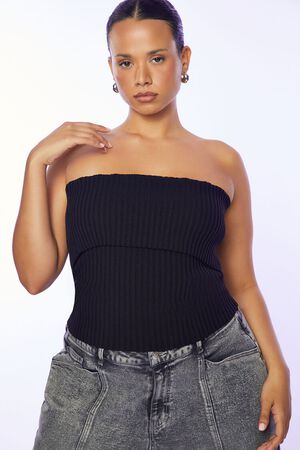 BLACK Ribbed Sweater-Knit Tube Top, image 1