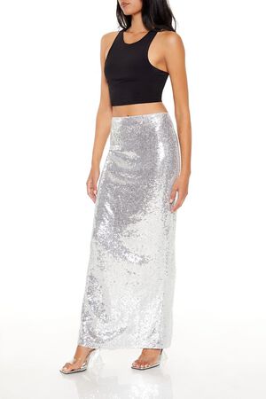 SILVER Metallic Sequin Maxi Skirt, image 3