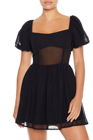 BLACK Puff-Sleeve Babydoll Mini Dress, image 2