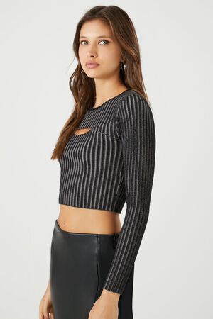 BLACK/GREY Cutout Sweater-Knit Crop Top, image 2