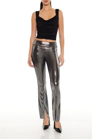 SILVER Metallic Mid-Rise Flare Leggings, image 1
