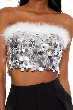 SILVER Sequin Faux Feather-Trim Tube Top, image 3