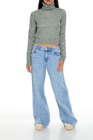 SEA GREEN Cropped Cable Knit Turtleneck Sweater, image 2