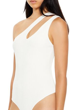 WHITE Sweater-Knit One-Shoulder Bodysuit, image 3