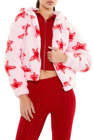 PINK/RED Faux Shearling Star Print Hoodie, image 1